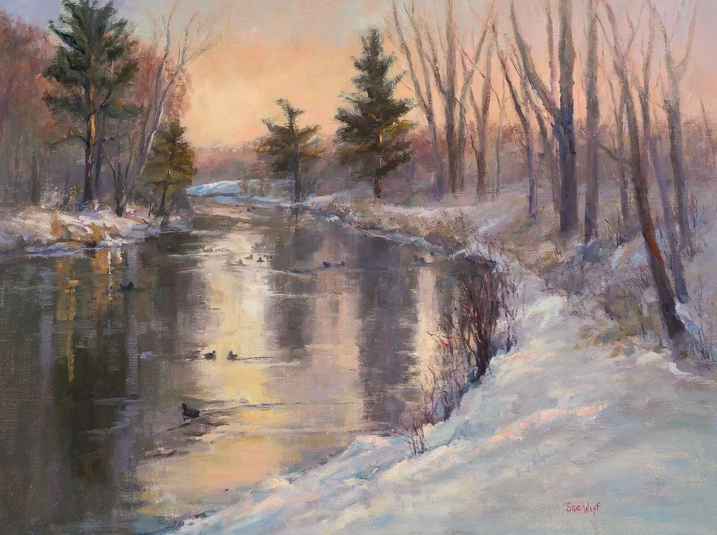 Winter snow scene with stream and swimming ducks