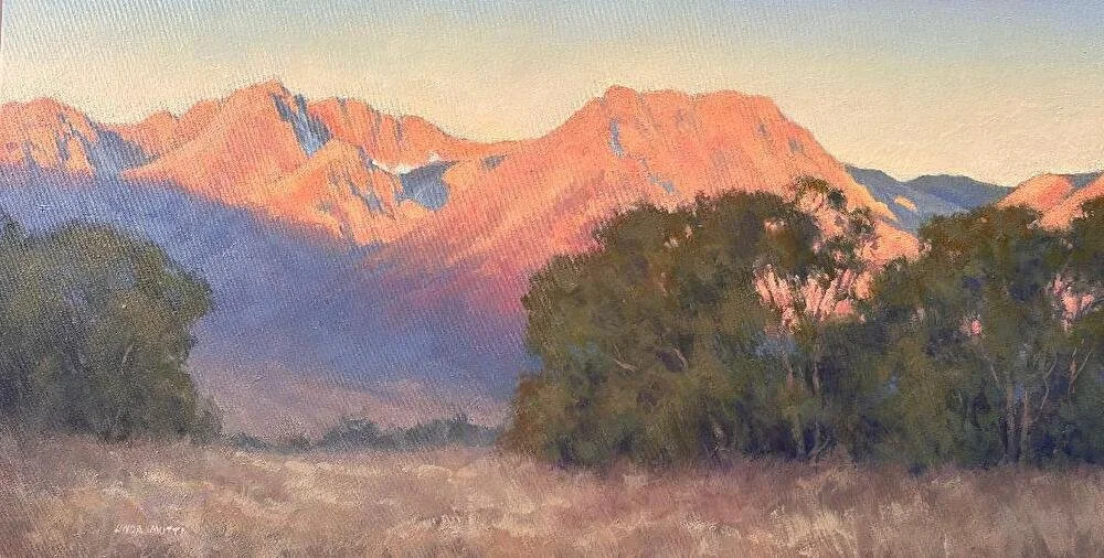 Mountains lit with a rosy light by the rising sun.