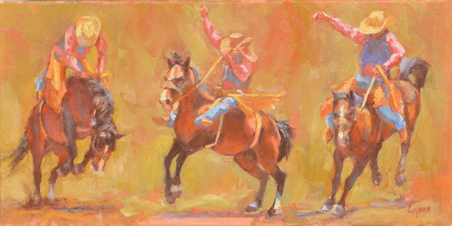 Bucking horse rodeo riders in a painting by Cheryl Koen