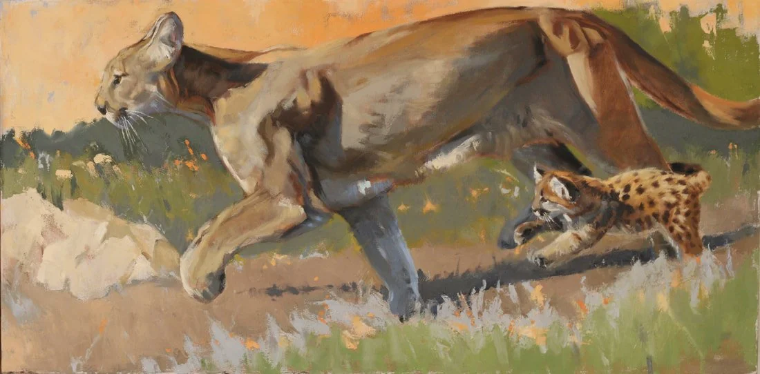 Painting of a cougar queen and her cub by Marla Epstein