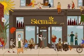 Illustration of a bustling street scene outside a place called Stem Bar, with people walking, talking, and animals like dogs present.