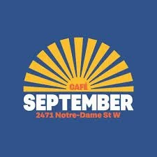 Graphic with a yellow sunburst design, the word 'CAFÉ' in orange, 'SEPTEMBER' in white, and an address '24731 Notre-Dame St W' in orange below.
