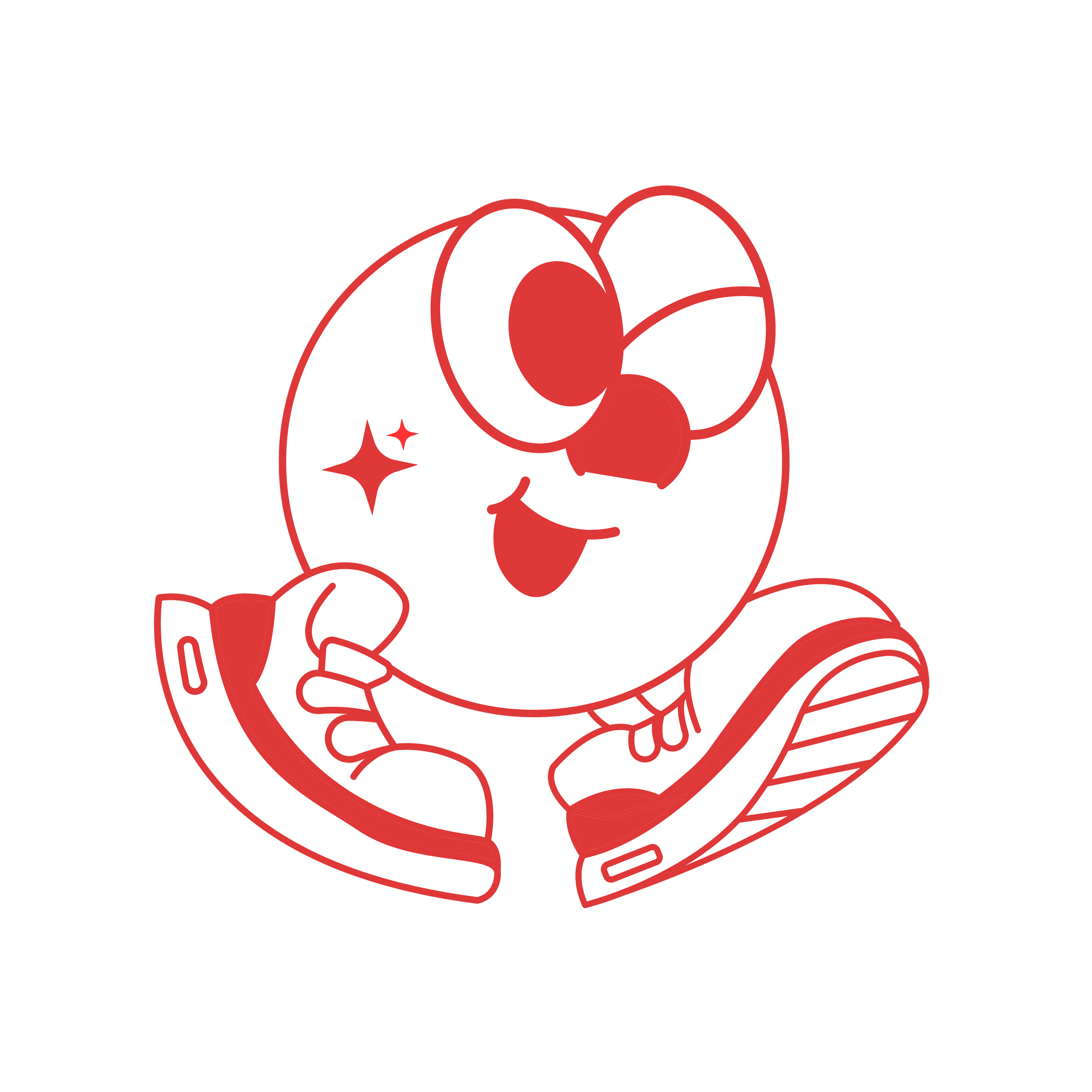 Cartoon character with a big round head, wearing glasses, sneakers, and a sporty outfit, smiling and pointing.