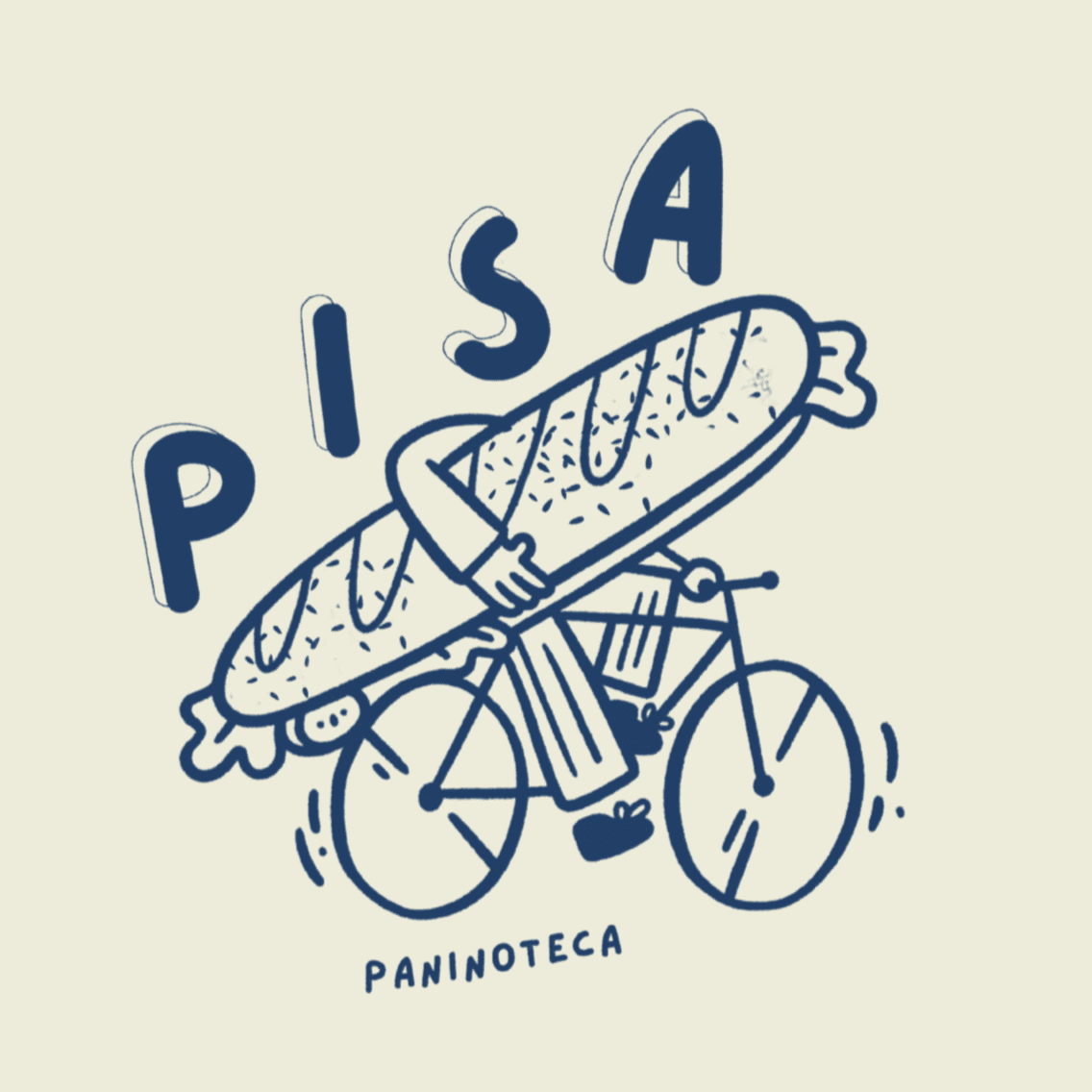 A bicycle with a large hot dog on top, with the letters P I S A around it, and the word 'PANINOTECA' below.