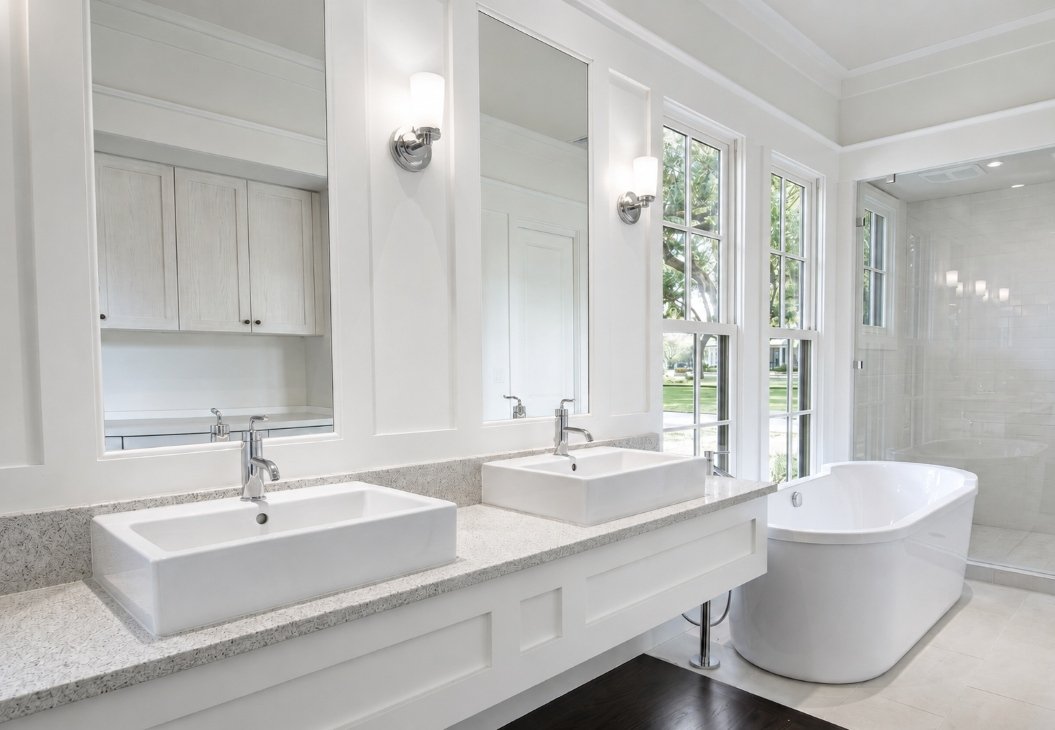 White luxury bathroom with a double vanity, freestanding tub, and walk-in shower.