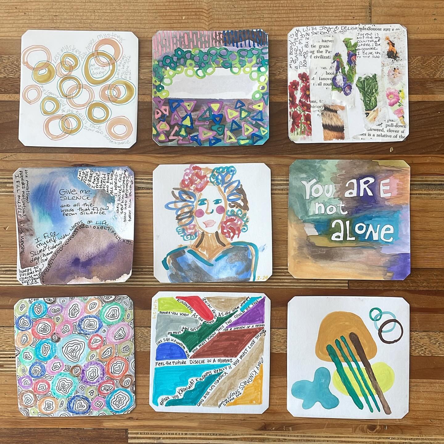 Some of my daily doodle tiles from Feb, March, and April. I have continued attempting to make a bite size bit of art most days in 2024. Some are super ugly and some delight me. Mostly, I&rsquo;m glad to be returning again to creative practices that n