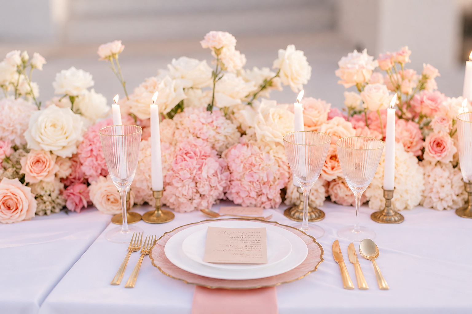 Pink and white floral tablescape with gold details at a luxury wedding in Greece