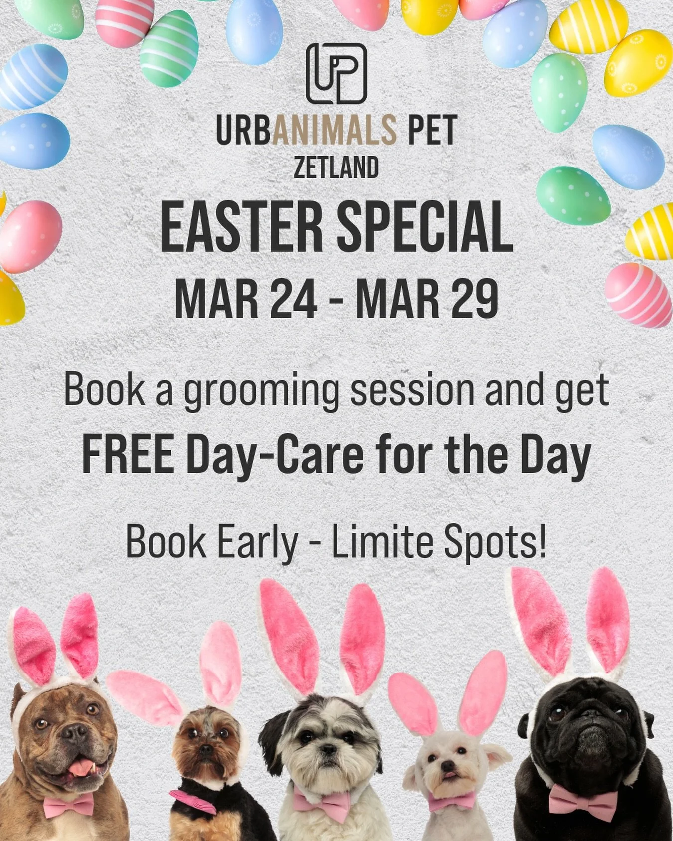 Easter Closure Notice 🐶✨
Urbanimals Pet Zetland will be closed from Friday April 3rd to Monday 6th for the Easter long weekend 🌸🐰

So, we have an Easter Special for you! ❤️ Mar 24&ndash;29:
Book a grooming session and your pup gets FREE daycare fo