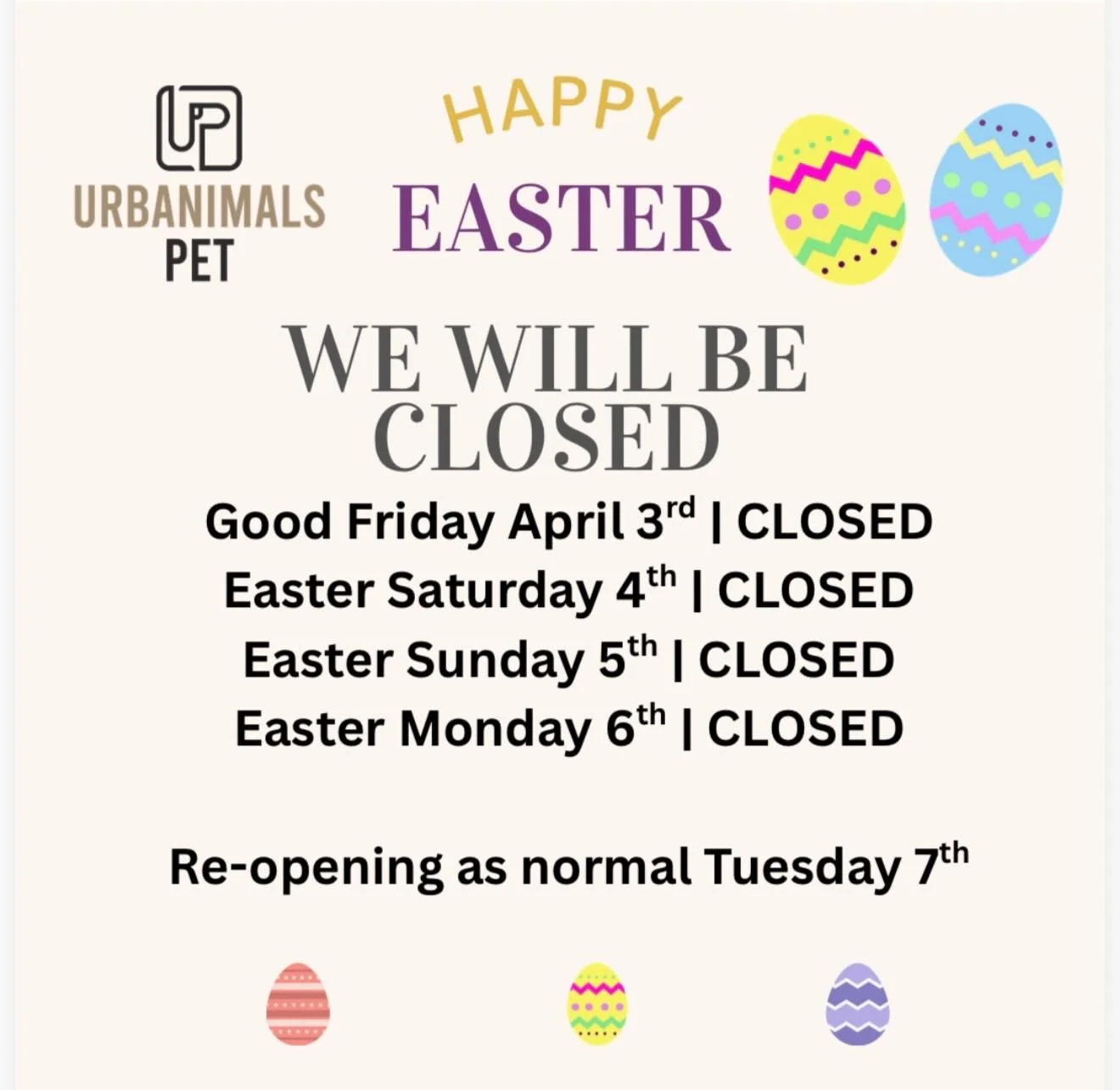 🐣 Easter Closure 🐣

We&rsquo;ll be closed over the Easter long weekend and will reopen as normal on Tuesday 7th.

To make a booking for when we reopen, please leave a voicemail on (02) 9489 2162 or call/text 0406 032 039, and we&rsquo;ll get back t
