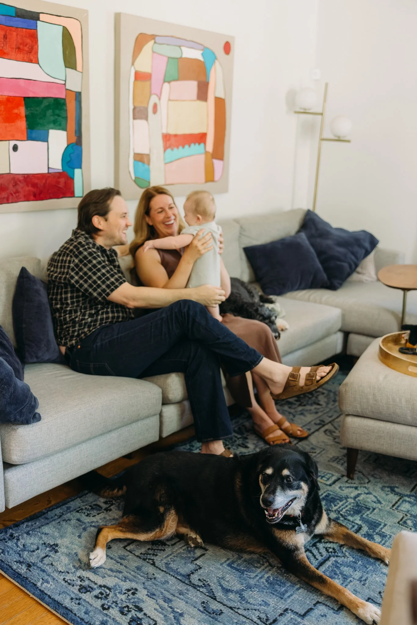 Dog meeting newborn baby during in-home lifestyle newborn photography session