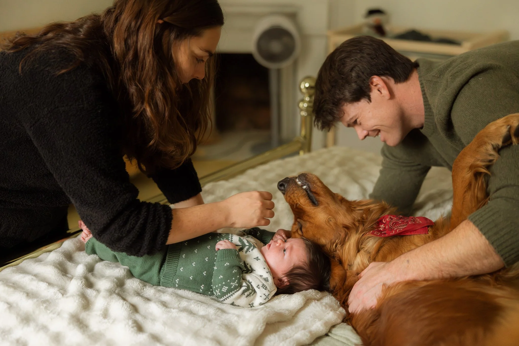 Family with dog and newborn baby, in-home lifestyle newborn photography Nashville TN.