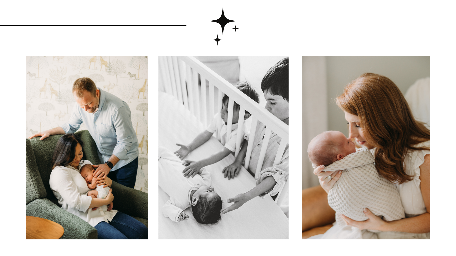Three images of women holding newborn babies, with children and adults in the background, representing family bonding and new motherhood.