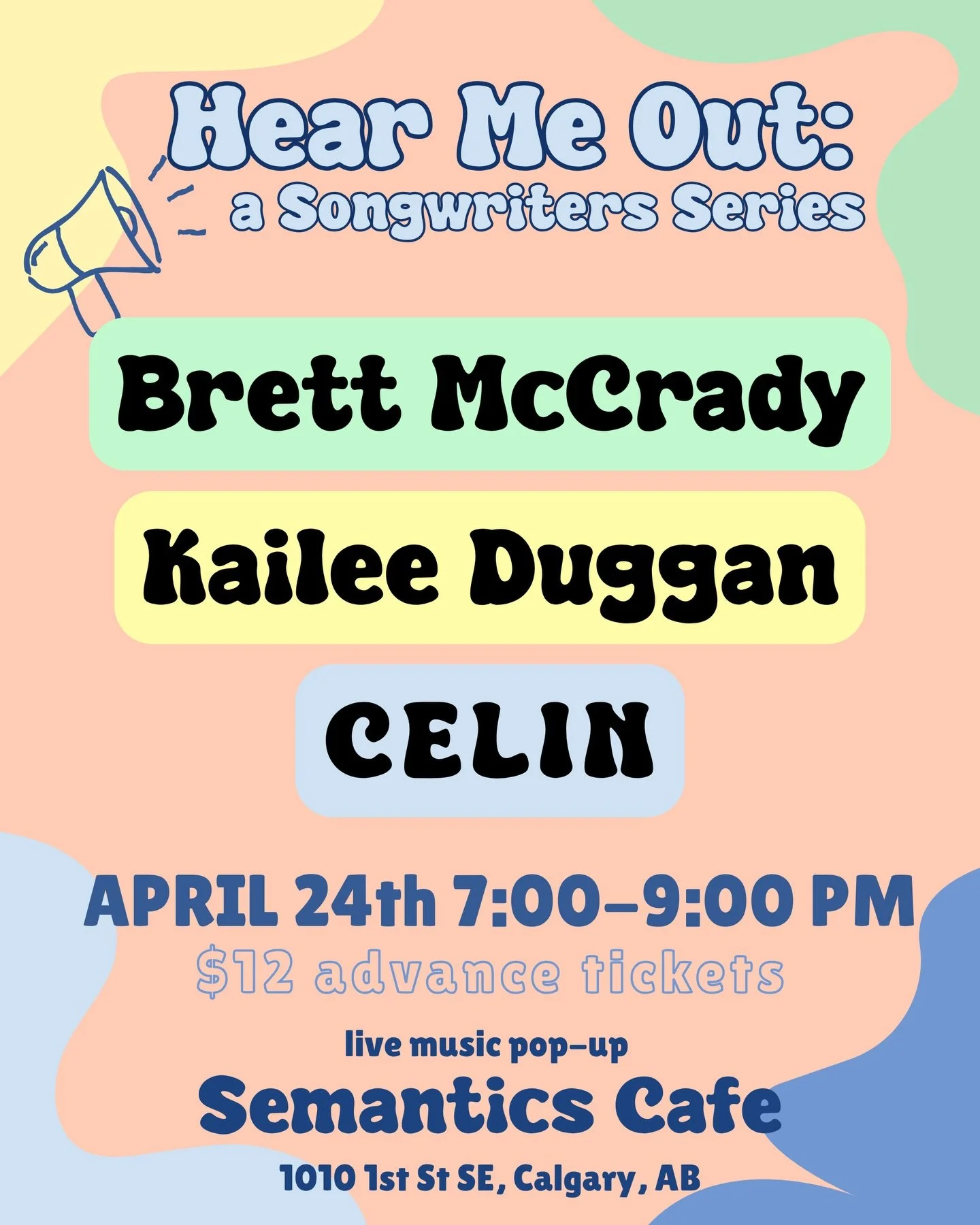 BRETT MCCRADY x KAILEE DUGGAN x CELIN

Join us for an evening of intimate storytelling ✨ 

Don&rsquo;t miss out on this special Songwriters Series where 3 indie-artists come together to share their songs and spark conversation. 

@brettmccrady 
@kail