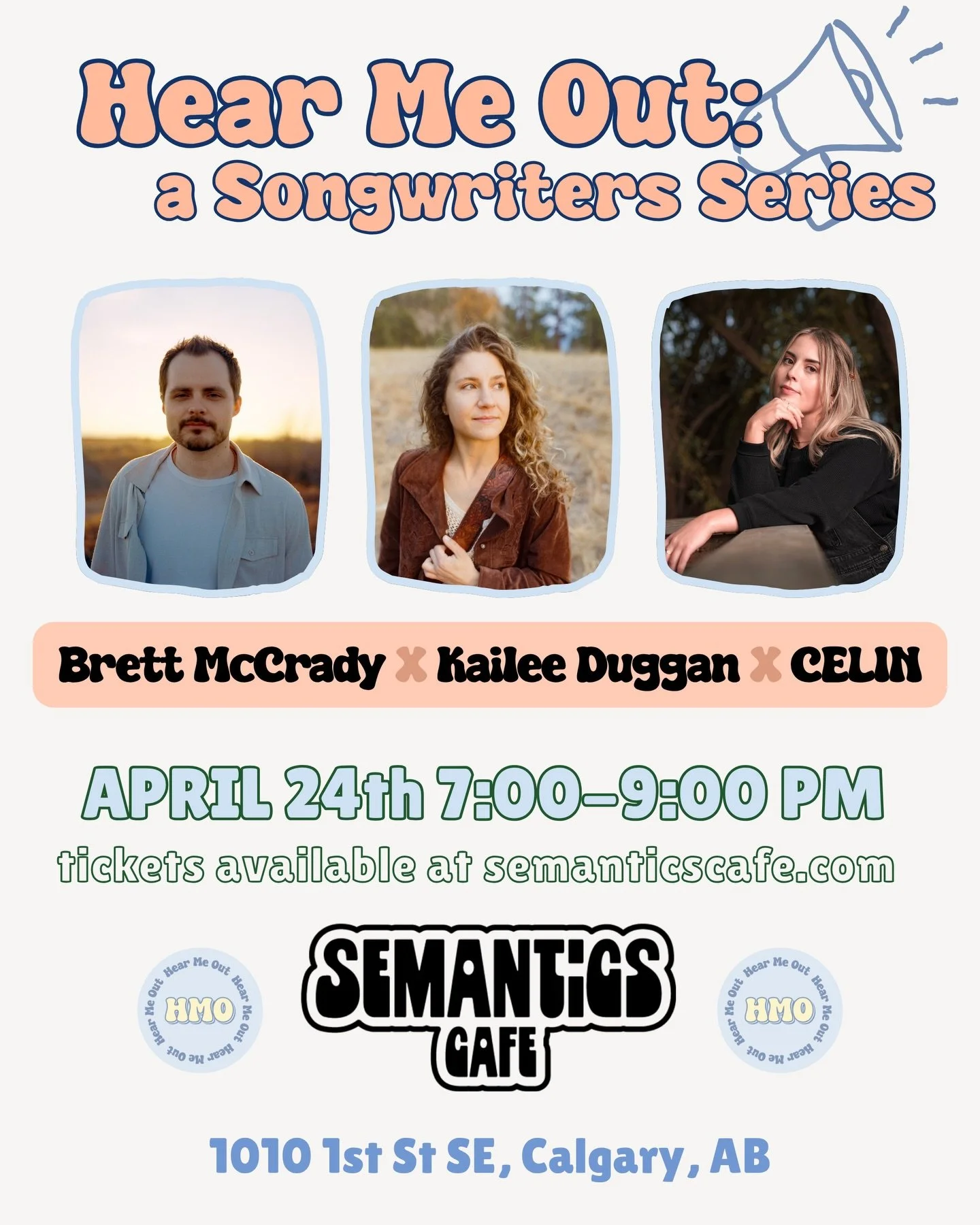 CALGARY!! 🫶🏻 

If you&rsquo;re looking to discover new artists and new local spaces then this is the perfect time ✨

📆 Friday April 24th
⏰ doors at 6PM | music at 7PM
📍 Semantics Cafe  @semanticscafeyyc 
🎟️ $12 pre sale | $15 at the door 
ticket