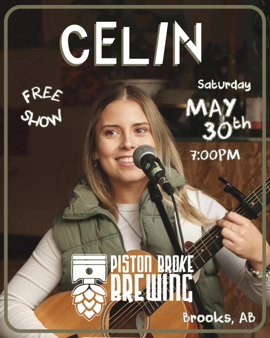 Hey Brooks!!☀️

I&rsquo;m CELIN and I&rsquo;m a soulful singer-songwriter from Calgary coming through Brooks, AB on my Spring Tour!! I&rsquo;m playing a FREE show at Piston Broke Brewing on Saturday May 30th!!! 

Come on out! Would love to see ya the