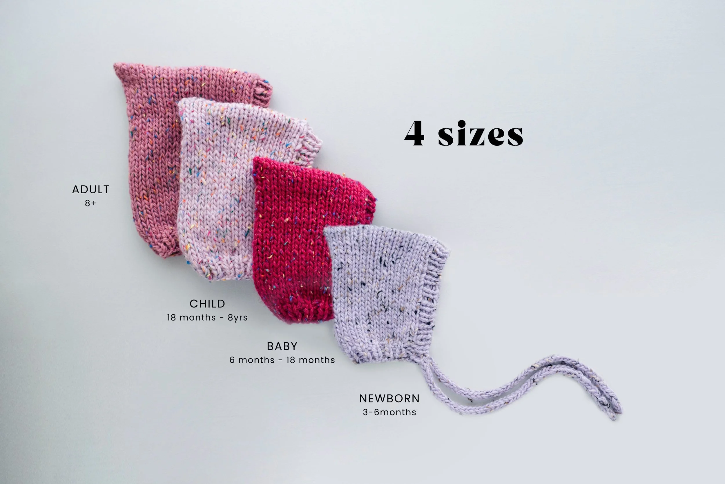 4 bonnet sizes for the pixie bonnet knitting pattern by kyla something