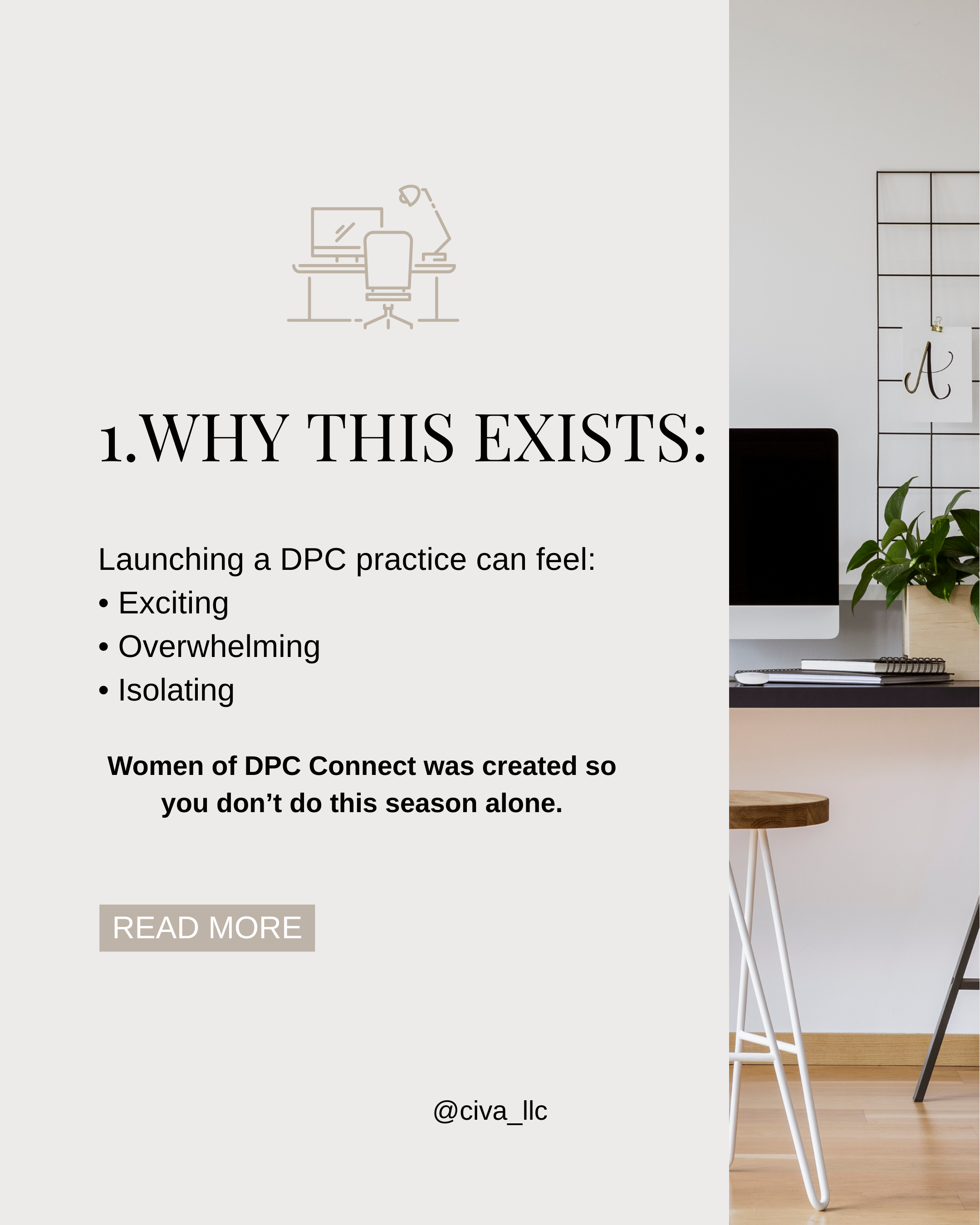 A digital graphic about launching a DPC practice, with an illustration of a desk and computer, and a workspace setup with an iMac, plant, and chair in the background.