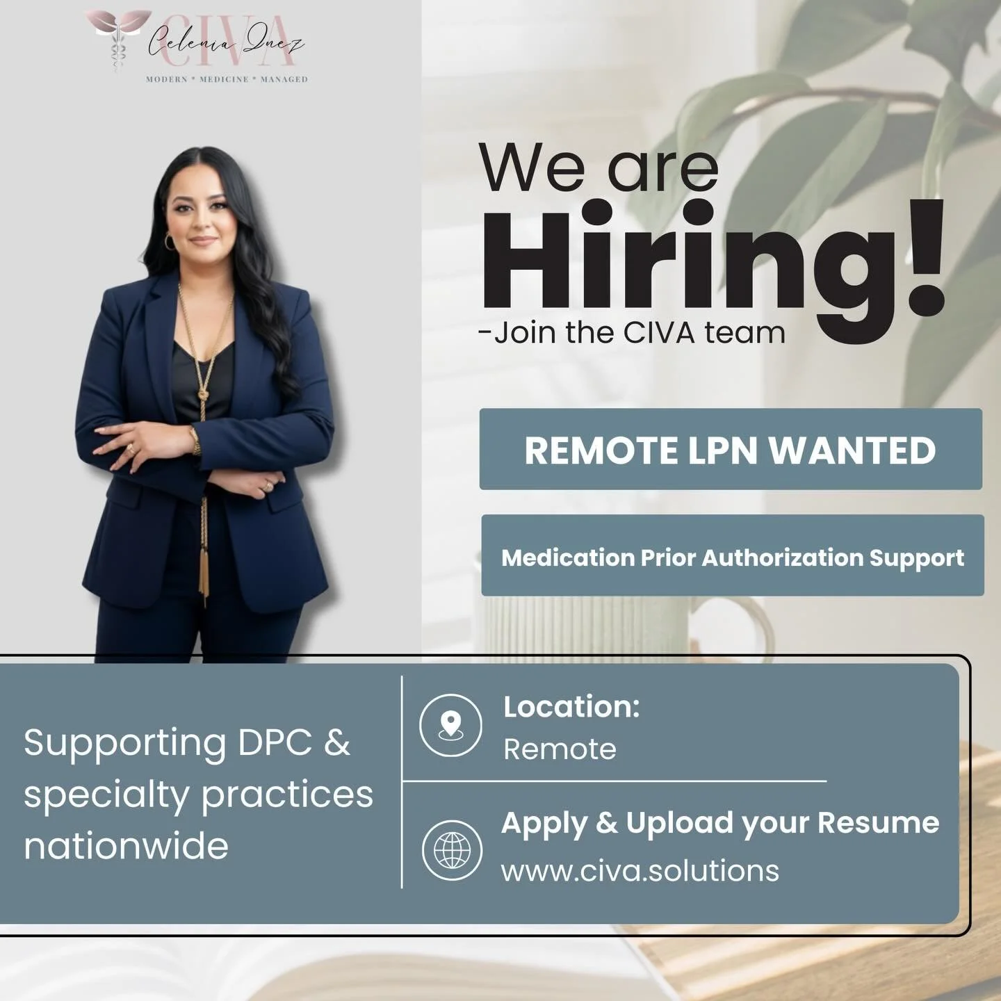 We&rsquo;re expanding the CIVA team!

Looking for an experienced LPN to support with complex medication prior authorizations for DPC &amp; specialty practices.

✔ Remote
✔ Contractor
✔ Light, variable hours to start 
✔ Opportunity to grow hours as CI
