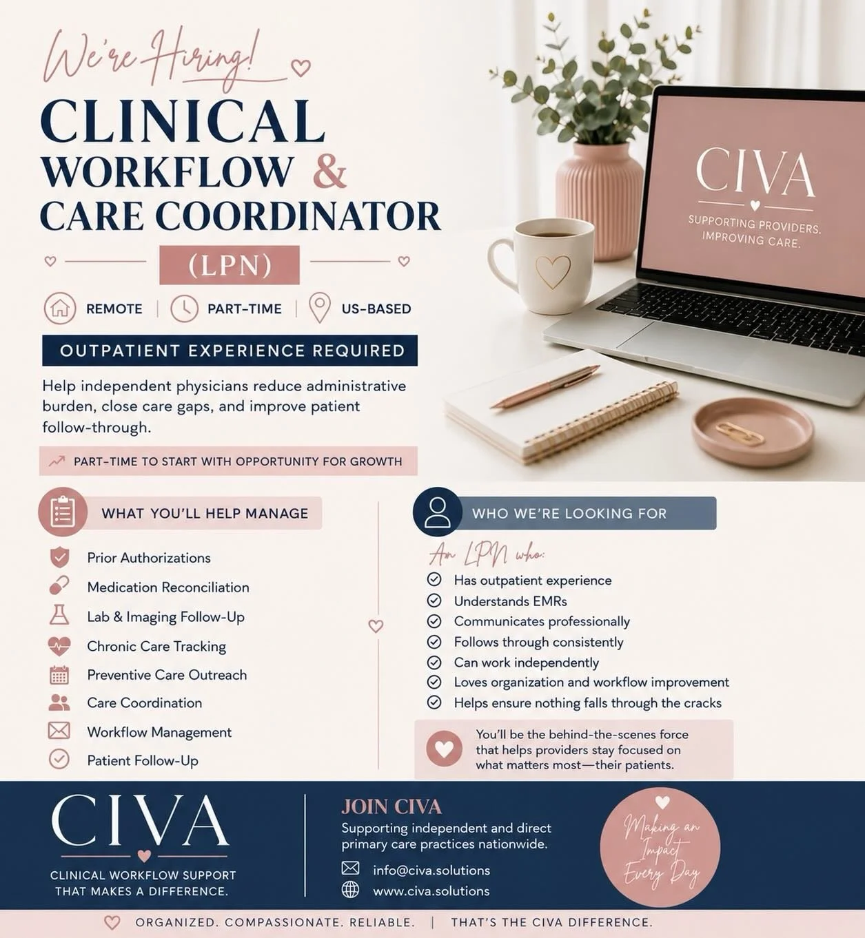 We&rsquo;re growing!

CIVA is looking for a US-based LPN to join our team as a Clinical Workflow Coordinator supporting independent and direct primary care practices.

This is not a traditional nursing role.

We&rsquo;re looking for someone who enjoy