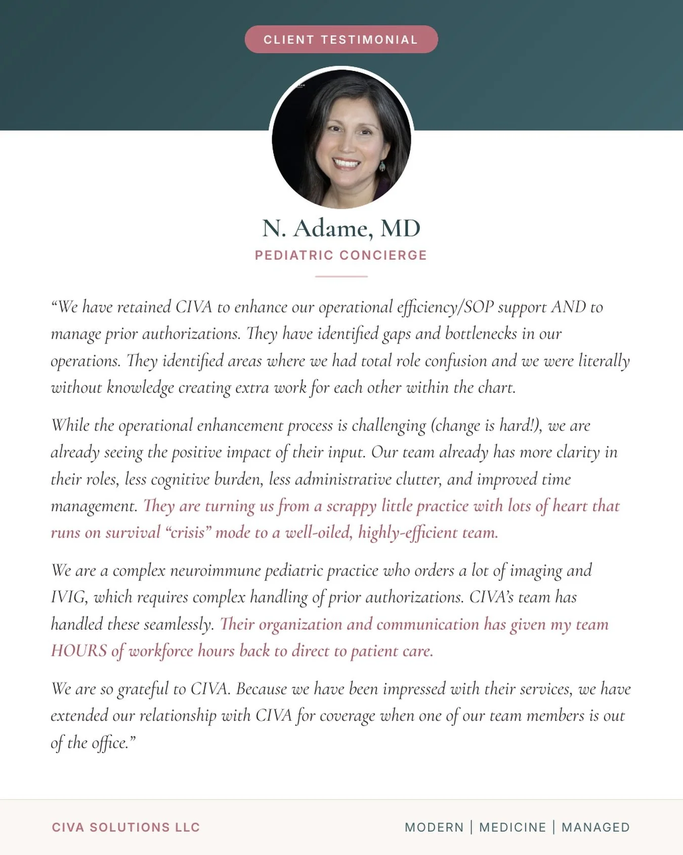 A testimonial that means a lot. 🤍

So proud of the CIVA team and the work happening behind the scenes every day. Bringing structure, clarity, and the right support to a practice so providers can focus more on their patients - this is exactly why I b