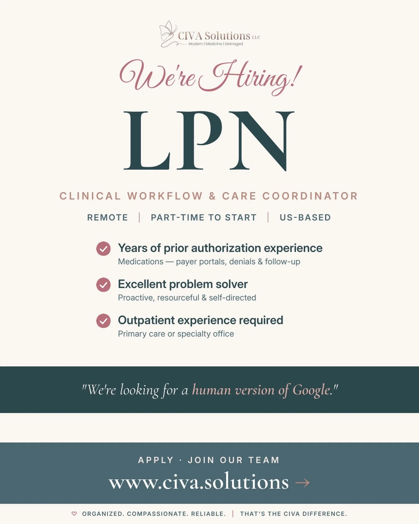 CIVA is hiring - and we&rsquo;re being very specific about who we&rsquo;re looking for. 🦋

We need a US-based LPN to join our Clinical Workflow Support team serving independent and direct primary care practices. Fully remote, part-time to start with