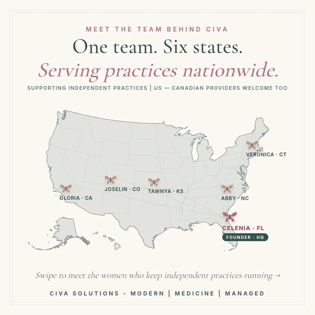 Meet the Team, Meet the Map 🦋

Yes, we&rsquo;re in six different states. Yes, we function like we share an office.

This is the team behind CIVA - the medical VAs, LPN, and coordinators who keep your practice running while you focus on medicine. No 