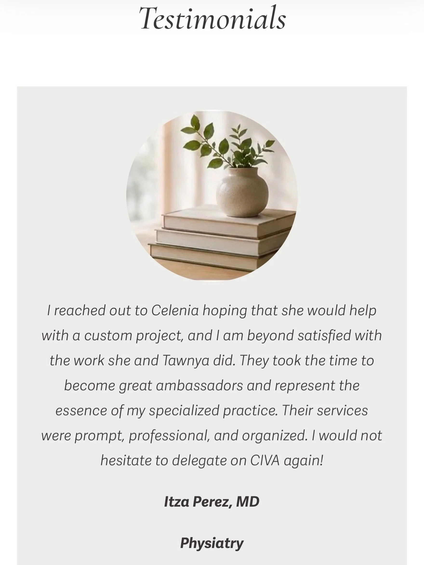 &ldquo;I reached out to Celenia hoping she would help with a custom project&hellip;&rdquo;

Reading reviews like this never gets old.

Every provider who trusts CIVA is trusting us with something they&rsquo;ve worked incredibly hard to build. We don&