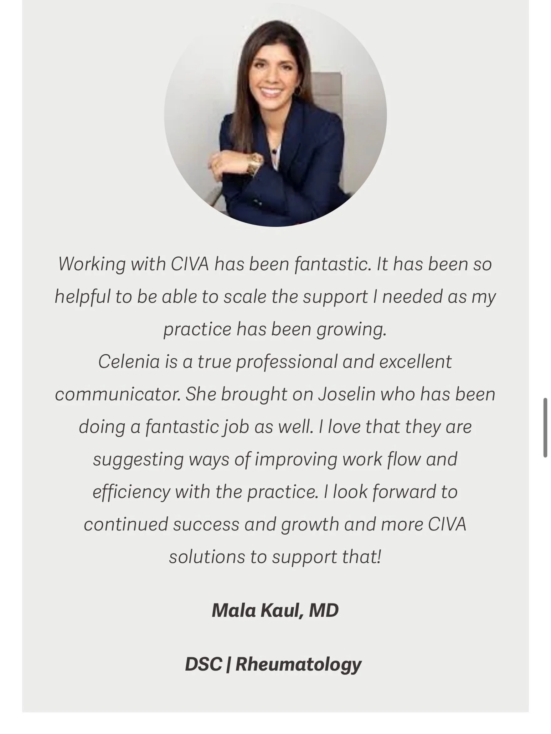 This is exactly what success looks like to us.

Success is hearing a provider say they feel more supported, more organized, and excited about the future of their practice.
That&rsquo;s the impact we&rsquo;re striving to make every single day at CIVA!