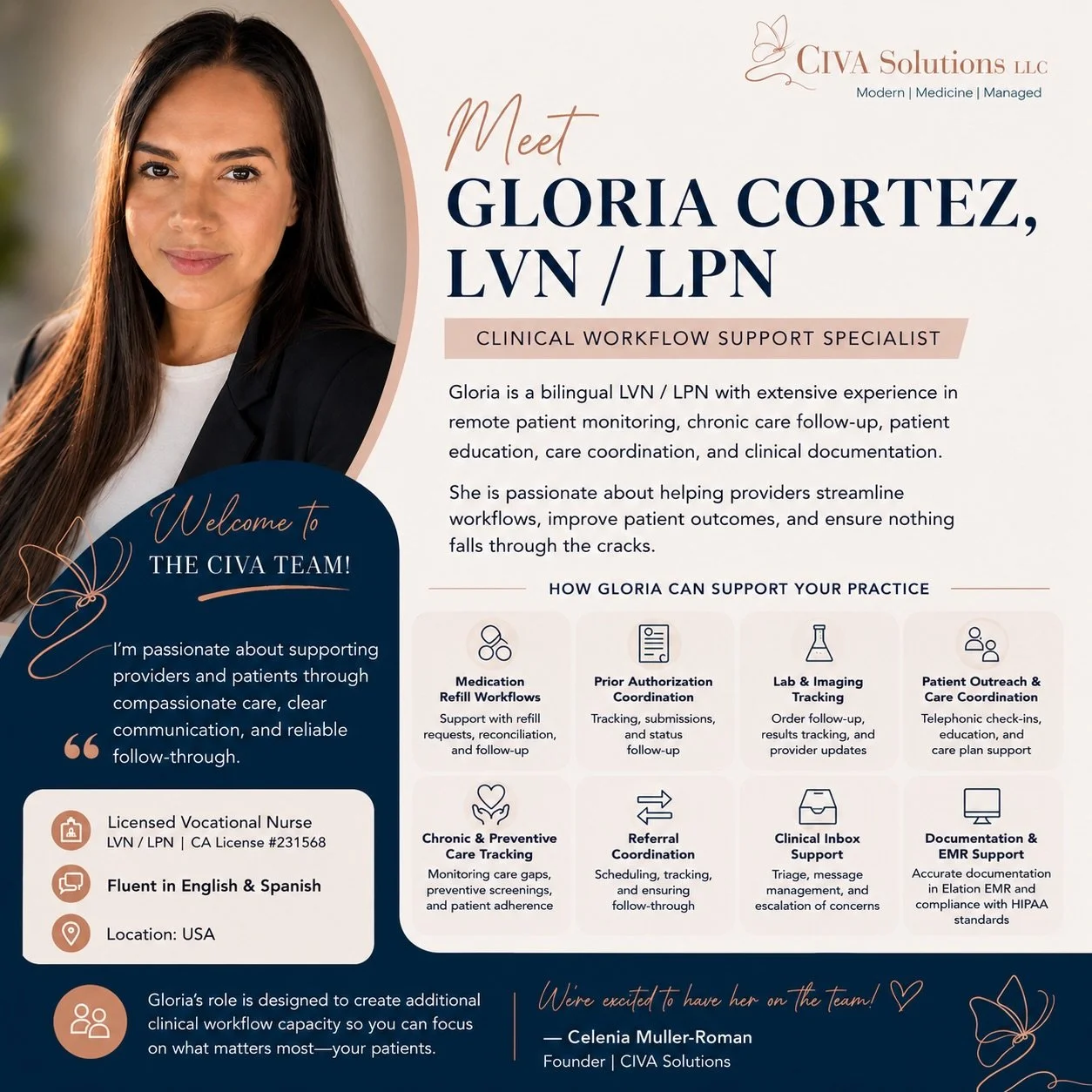 ✨ Welcome Gloria Cortez, LVN/LPN ✨

Clinical Workflow &amp; Care Coordination Support
Supporting Independent Practices Nationwide 🇺🇸

I&rsquo;m excited to officially introduce the newest member of the CIVA team, Gloria Cortez, LVN/LPN.

Gloria brin