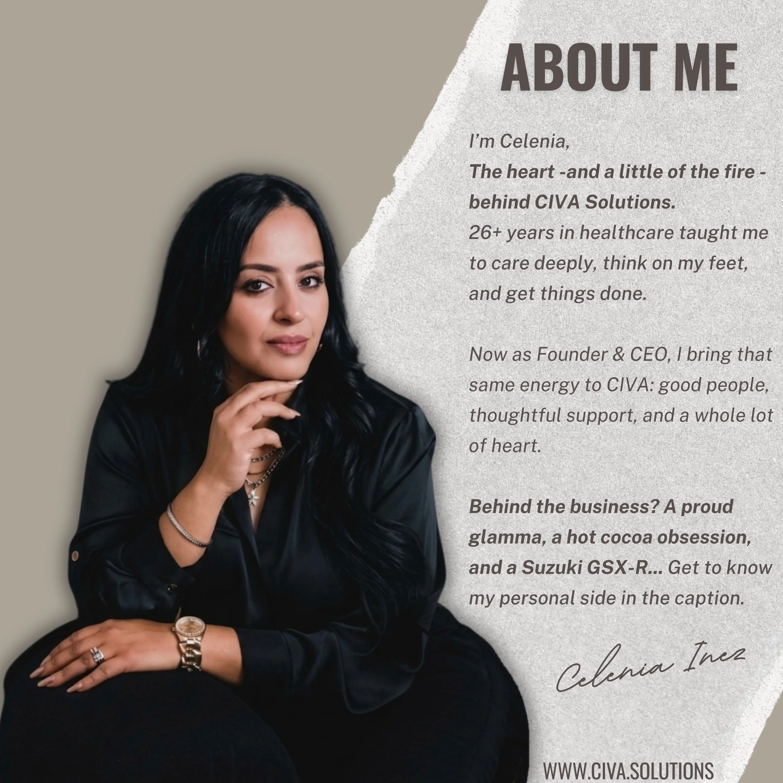 You&rsquo;ve met the founder&hellip; now meet the woman behind CIVA. 🤎

Hi, I&rsquo;m Celenia! A few things you might not know about me:

✨ I&rsquo;m a proud Latina! Puerto Rican and German, and bilingual in English and Spanish.

🔥 A Sagittarius wi