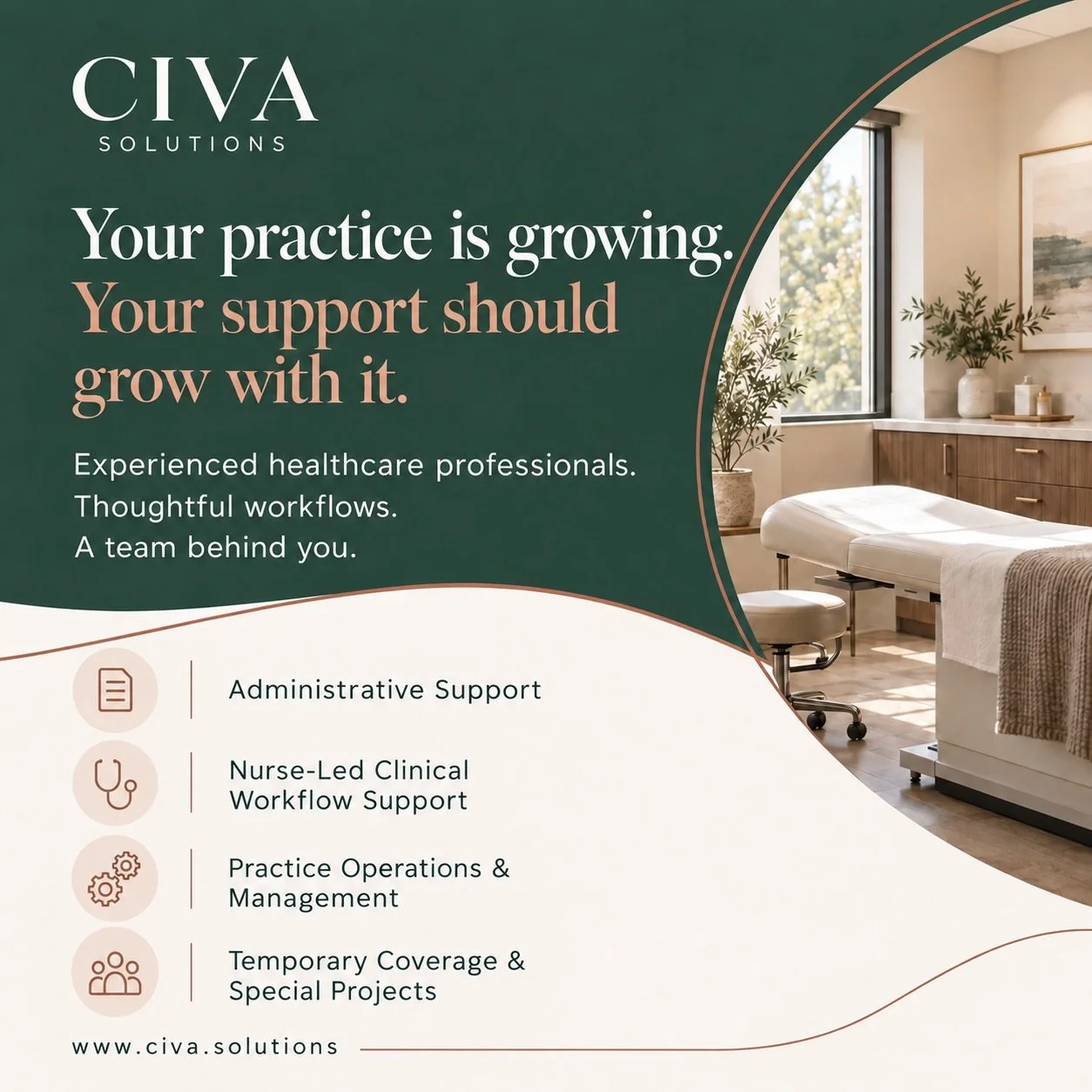 Growth is a good problem to have, until the inbox, the refills, the prior auths, and the scheduling start running your day instead of you. 

At CIVA Solutions, we build support around how your practice actually works:

&bull;Administrative Support
&b