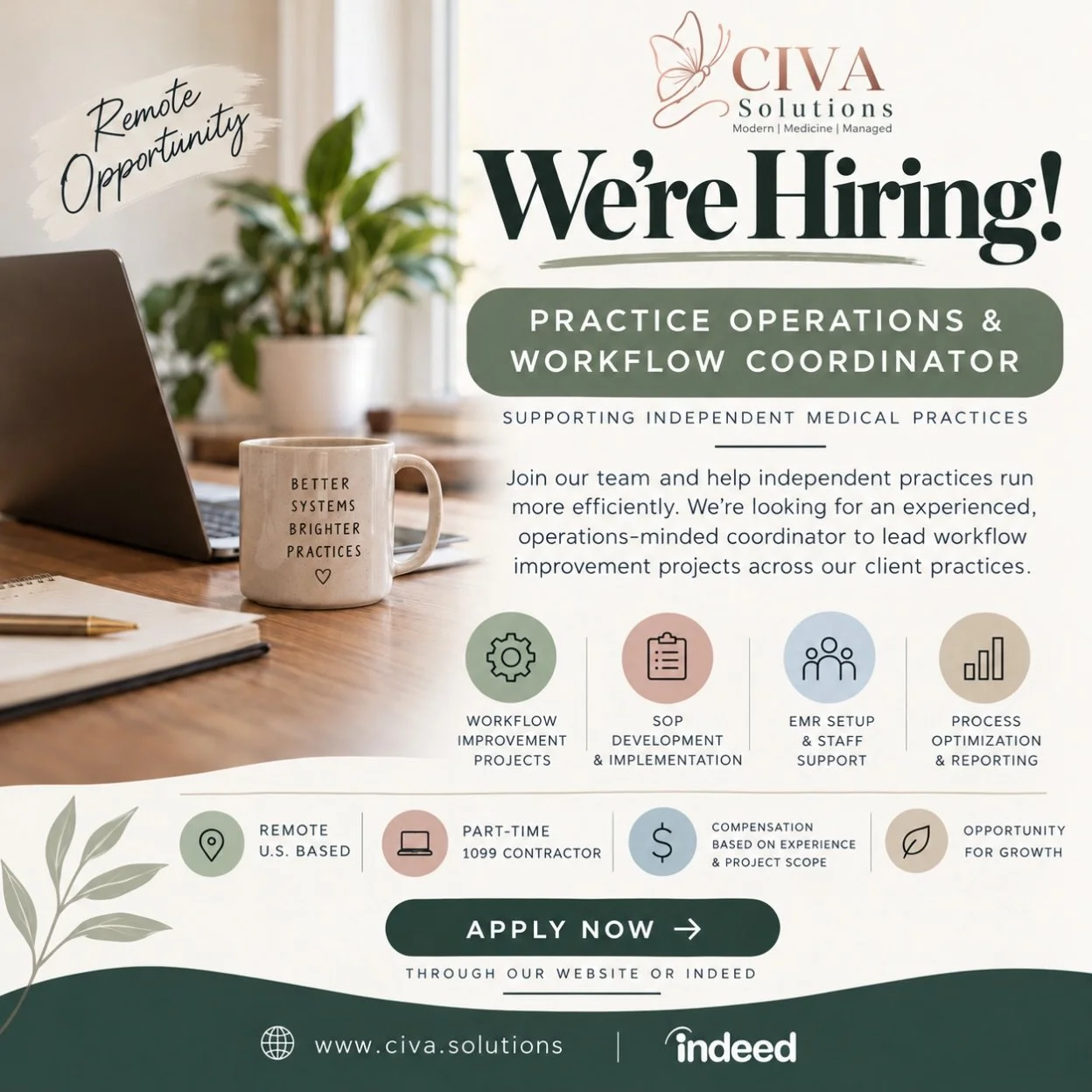 🌿 We&rsquo;re Hiring | Practice Operations &amp; Workflow Coordinator

CIVA Solutions is growing, and we&rsquo;re looking for an experienced, detail-oriented professional to join our team!

We support independent medical practices across the U.S., i