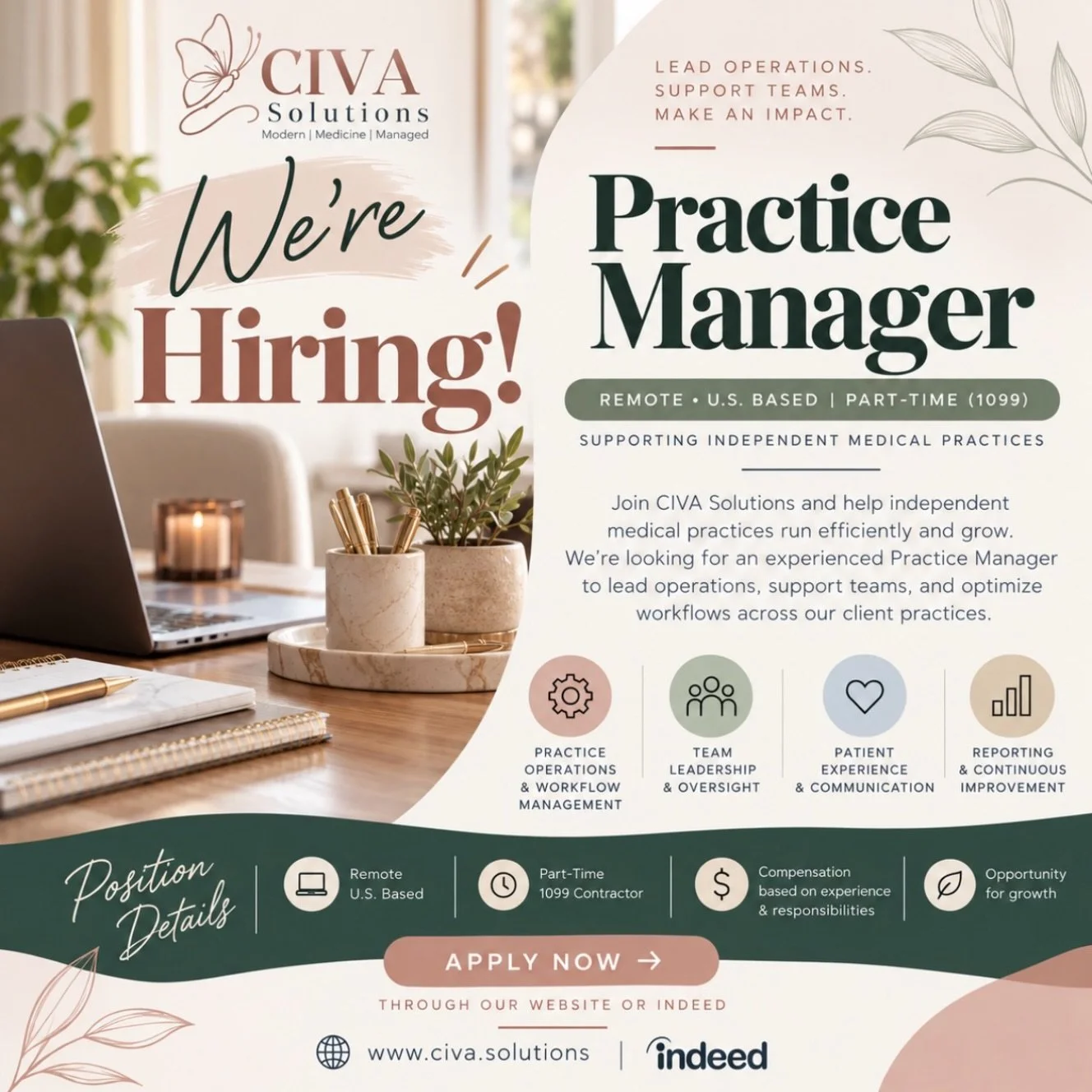 We&rsquo;re Growing Our Practice Leadership Team!

NOW HIRING | PRACTICE MANAGER

CIVA Solutions is looking for experienced Practice Managers who know how to lead people, manage the moving parts of a medical practice, and turn operational challenges 
