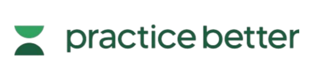 Logo for Practice Better, featuring an hourglass icon and green text.
