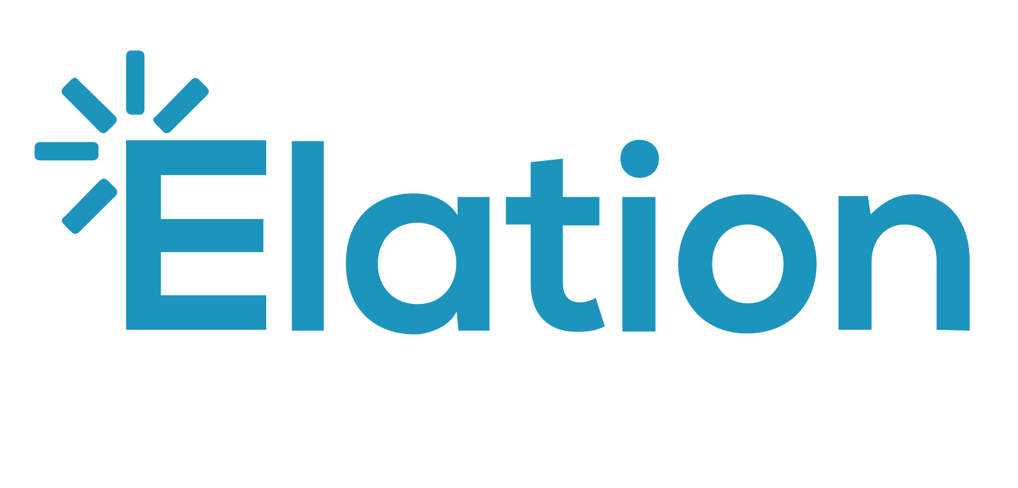 Blue logo with the word 'Elation' and a stylized sun icon over the letter 'E'.