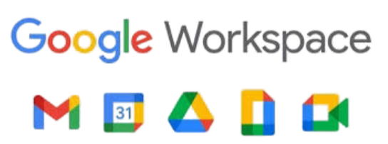 Google Workspace logo with colorful icons for Gmail, Calendar, Drive, Docs, and Meet.