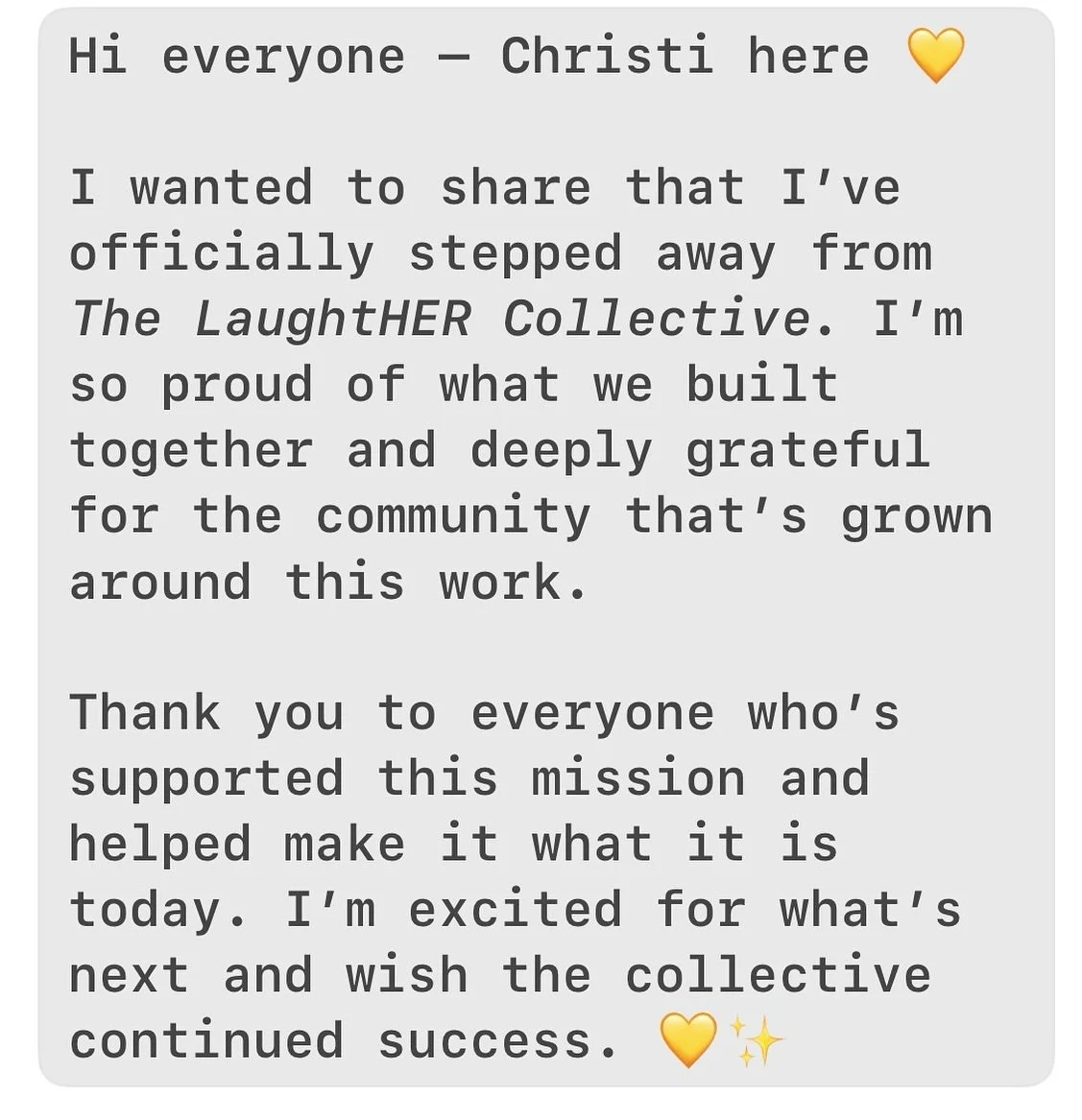 Co-founding TLC is something I am forever proud of. Thank you for 4 wonderful years of laughtHER 💕 - @christisomers