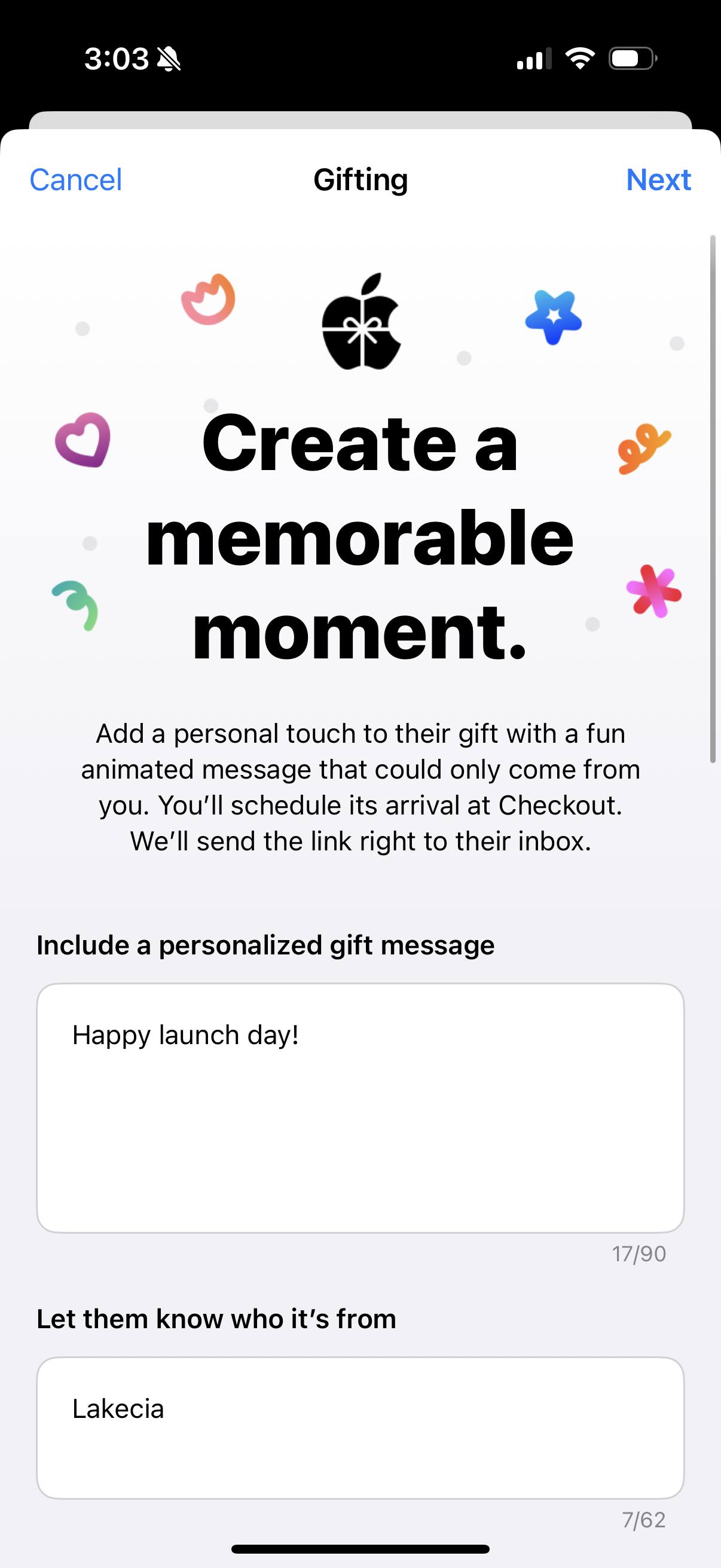 Screenshot of a phone screen showing a digital gift customization page with options to add a personalized message and sender's name, surrounded by colorful emoji icons.