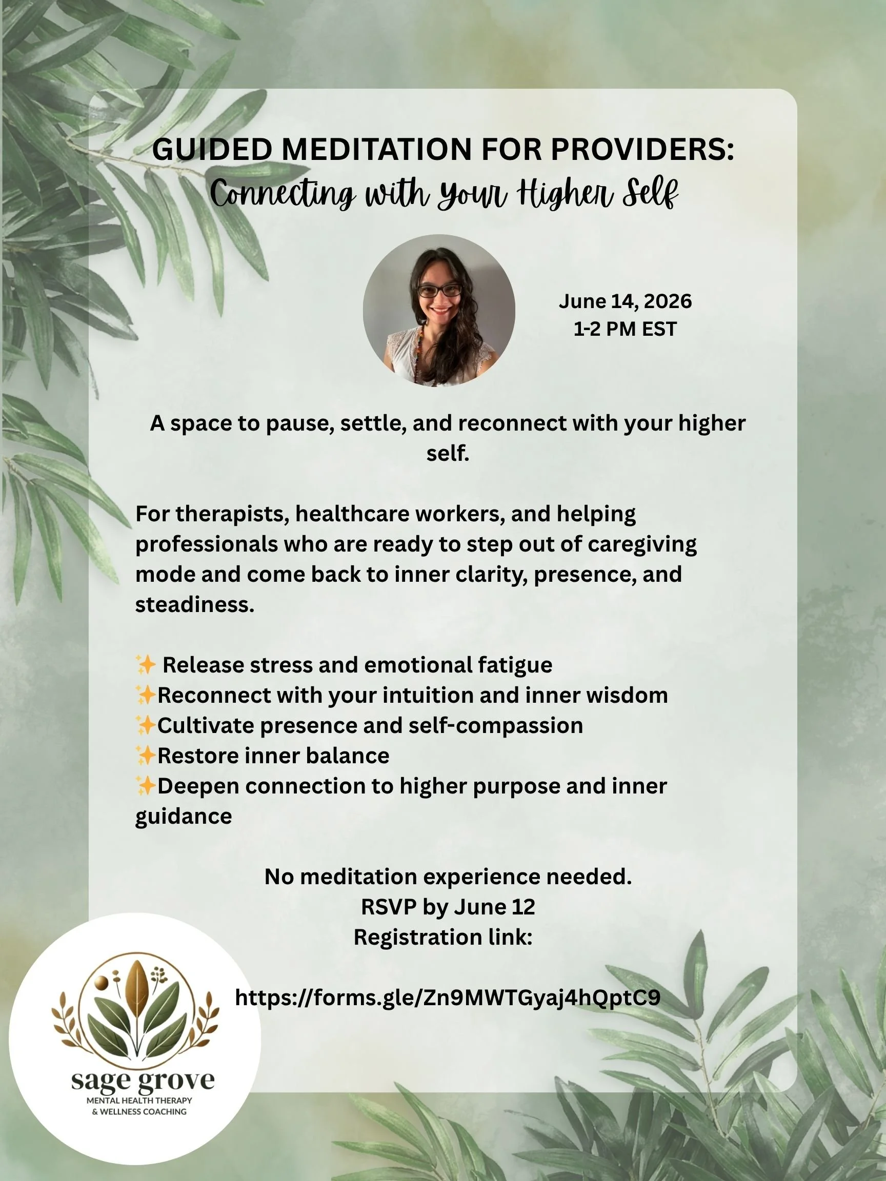 Guided meditation event flyer for therapists, healthcare workers, and helping professionals focused on connecting with your higher self, stress relief, emotional wellness, mindfulness, self-compassion, intuition, and inner balance. Virtual meditation