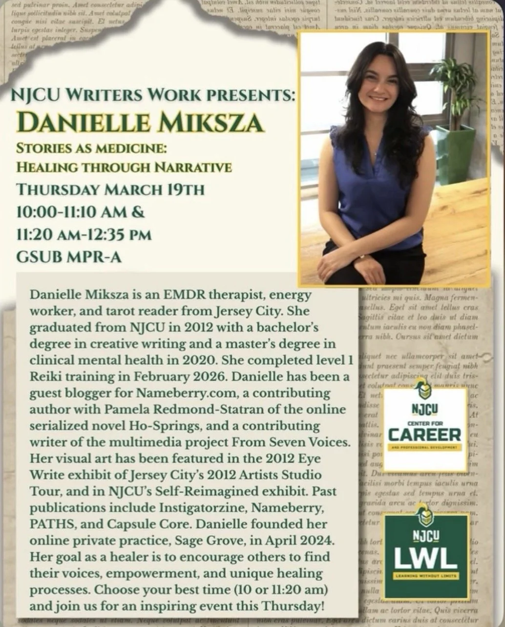 Poster of event featuring EMDR therapist at New Jersey City University sitting on table with plant in the background