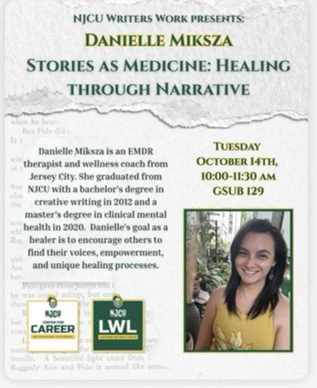 Poster of event featuring EMDR therapist at New Jersey City Universiyt