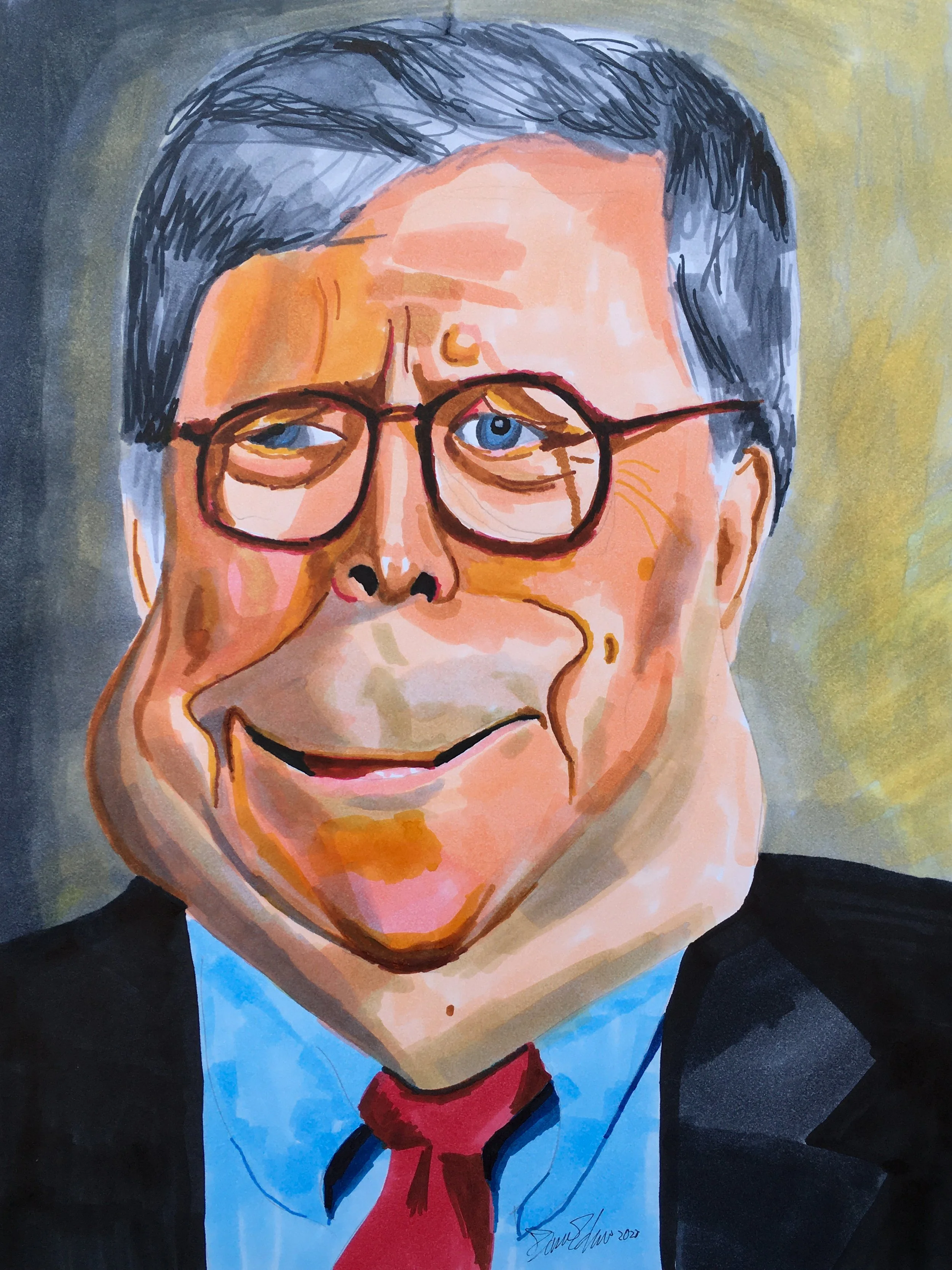 A cartoon-style portrait of a Bill Barr, smiling with his hand resting on his cheek, wearing a blue shirt, red tie, and dark suit jacket.