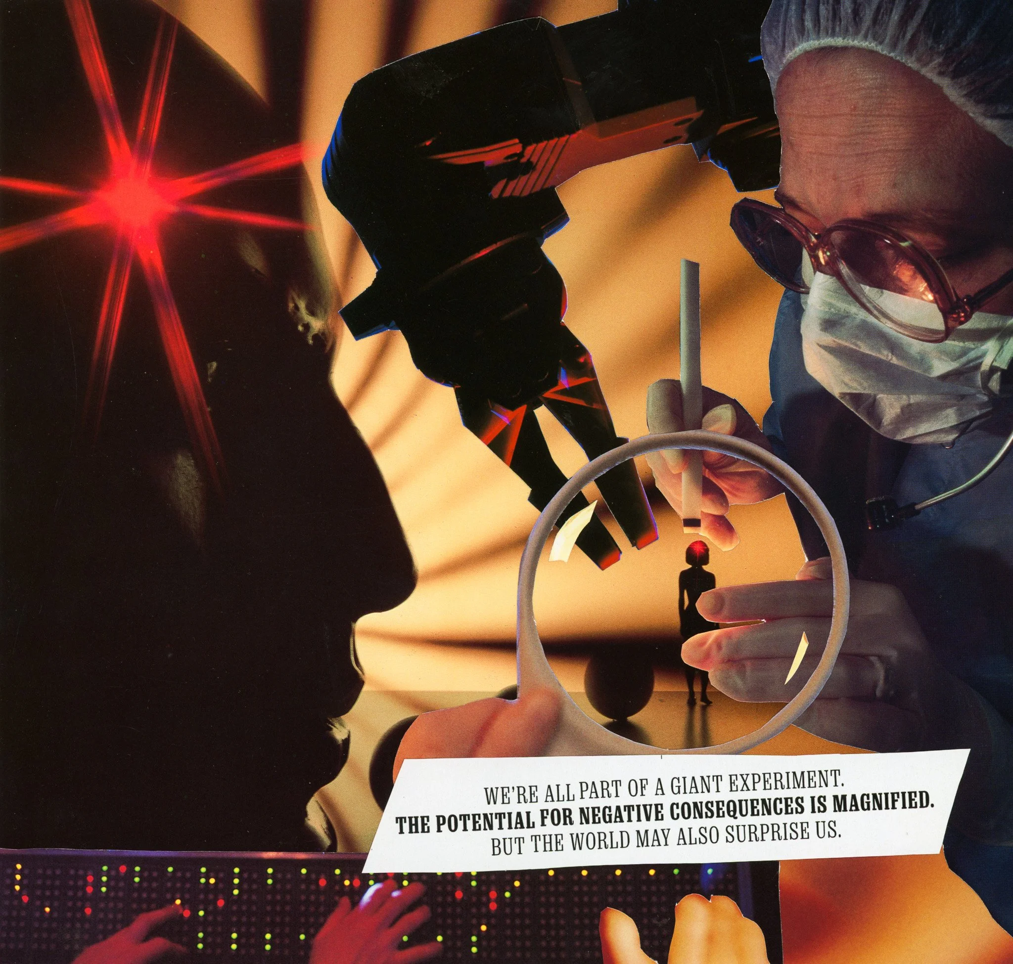 A scientist wearing protective glasses, a face mask, and a hair cover, is using a pipette to conduct an experiment on a miniature human figure silhouette inside a circular frame. The scene is set in a laboratory with a dark background and a red laser