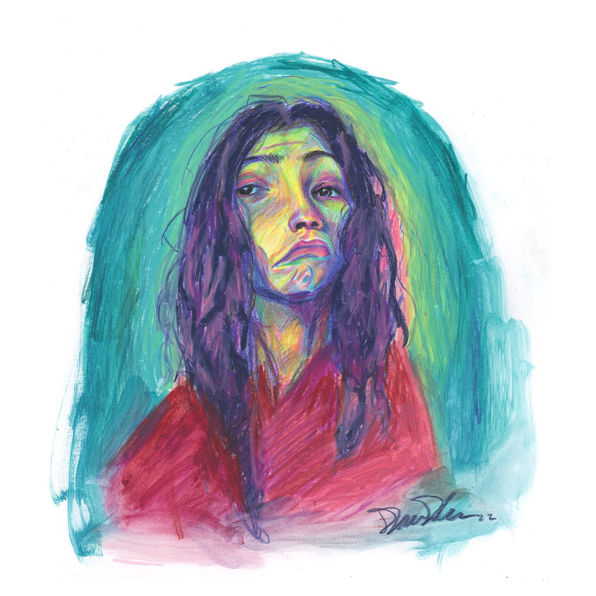 Colorful portrait of a woman with long, dark, curly hair, wearing a red shirt, with a rainbow-like background.