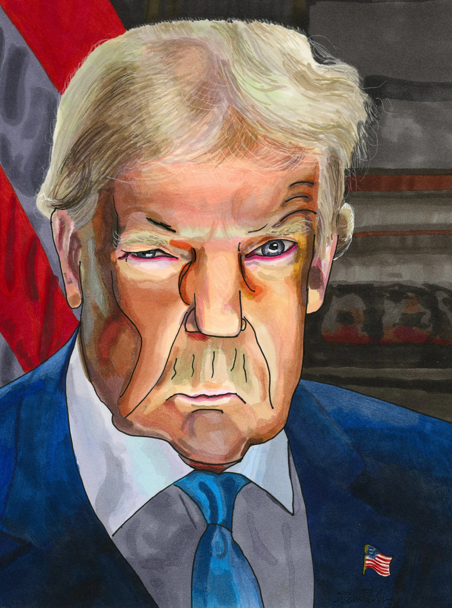 Illustration of Donald Trump, wearing a blue suit, white shirt, and blue tie, with an American flag pin on the lapel, sitting in front of an American flag and stairs.