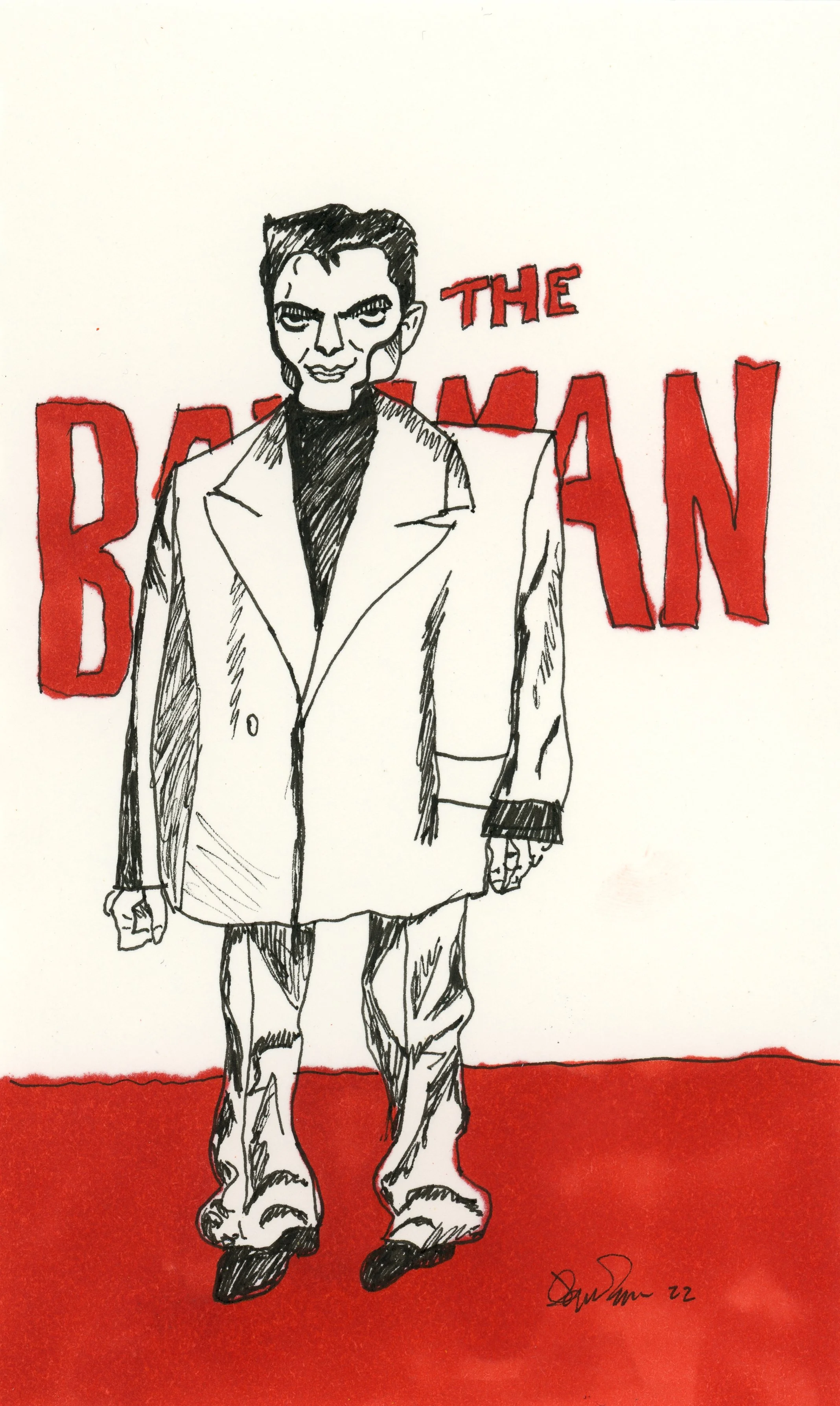 Black and white illustration of Robert Pattinson in a suit, standing on a red background with the text "The Batman" in red behind him.