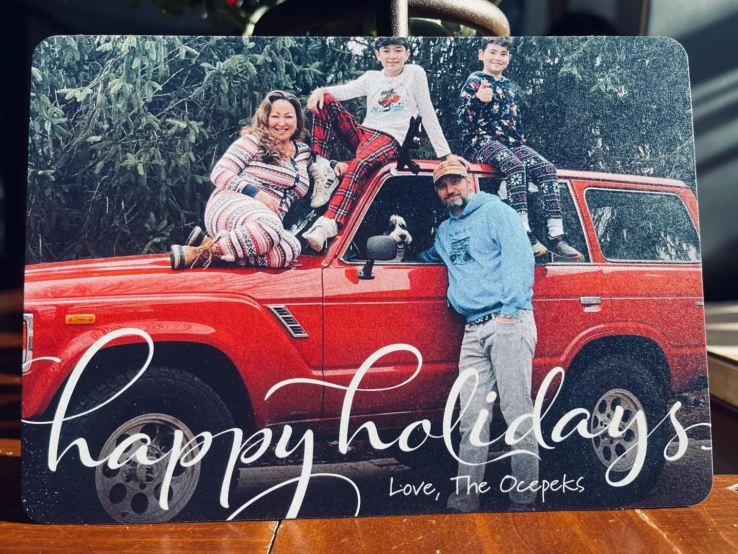 It&rsquo;s one of those old-red-truck-by-the-pine-trees Christmas wishes cards! In reindeer antlers! And there are PJs! And a puppy in the driver seat! Oh, the professional execution! You, too, can achieve the perfection of this Season&rsquo;s Greeti