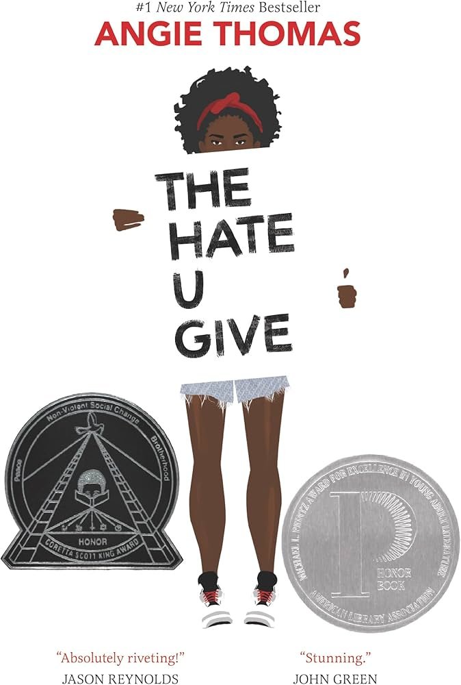 Book cover for "The Hate U Give" by Angie Thomas featuring an illustration of a girl with curly hair and a red headband holding a sign with the book title. The girl is wearing shorts and sneakers, with medals or awards at the bottom. The title is wri