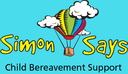 Logo with a colorful hot air balloon and clouds, featuring the text "Simon Says Child Bereavement Support."