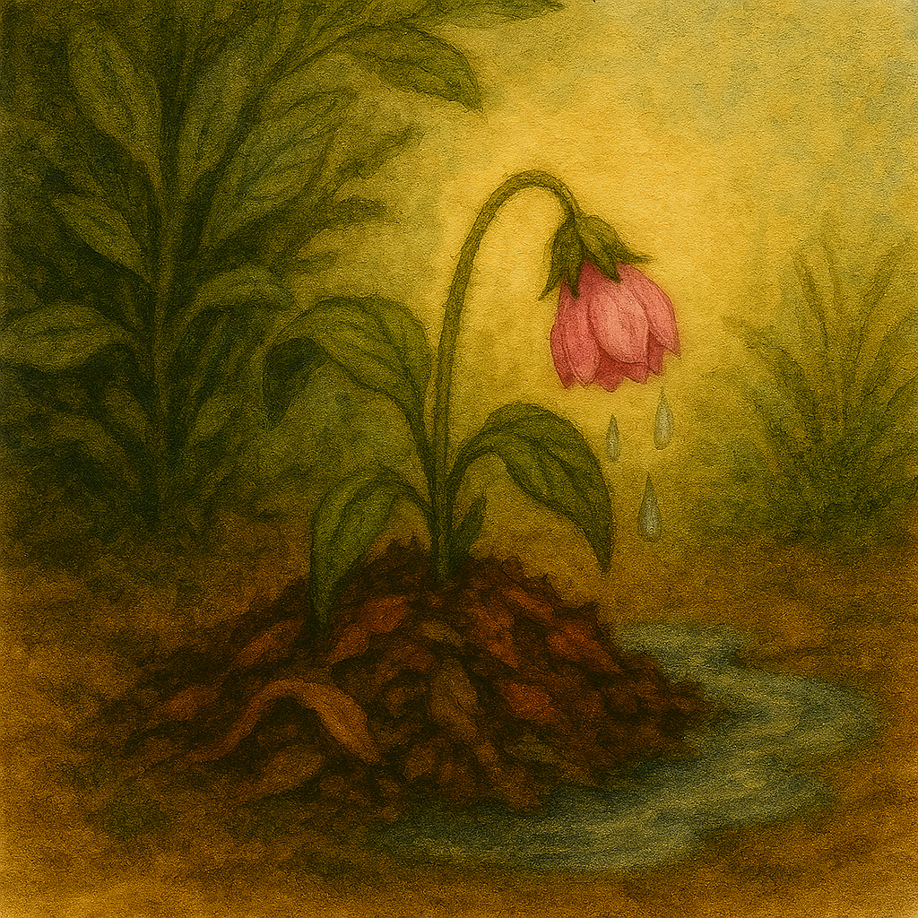 An illustration of a drooping pink flower with water droplets falling from its petals, surrounded by green leaves and brown soil.